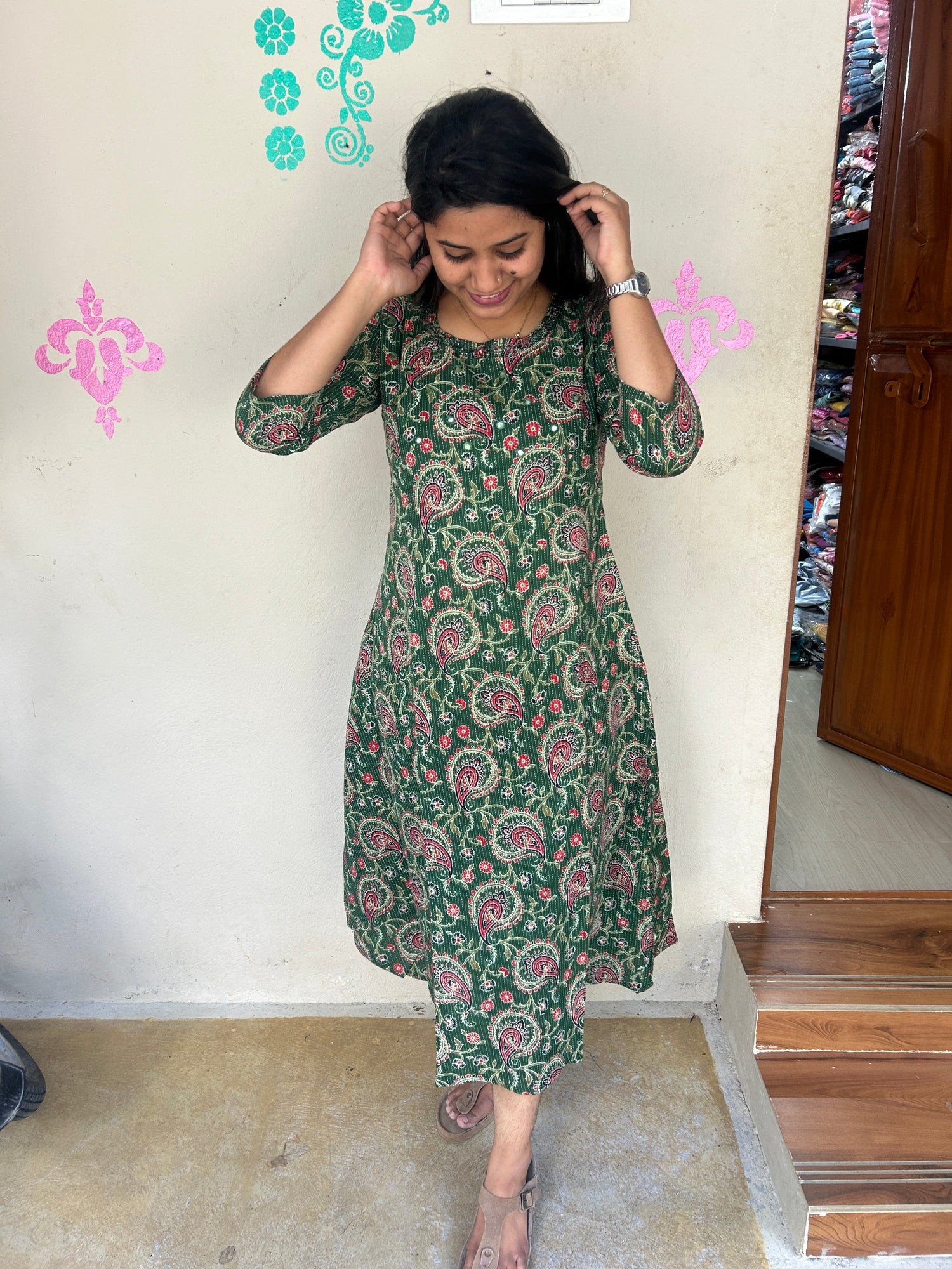 Cotton Mirror Work A Line Frock Kurti