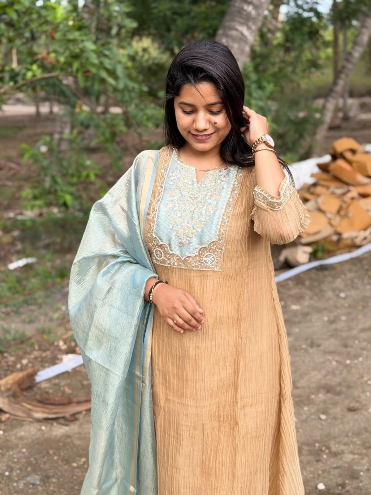 Premium Crushed Tissue Kurti  Set EW128